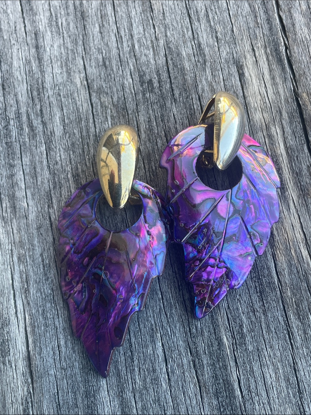 Vintage purple and gold shell drop leaf clip earrings